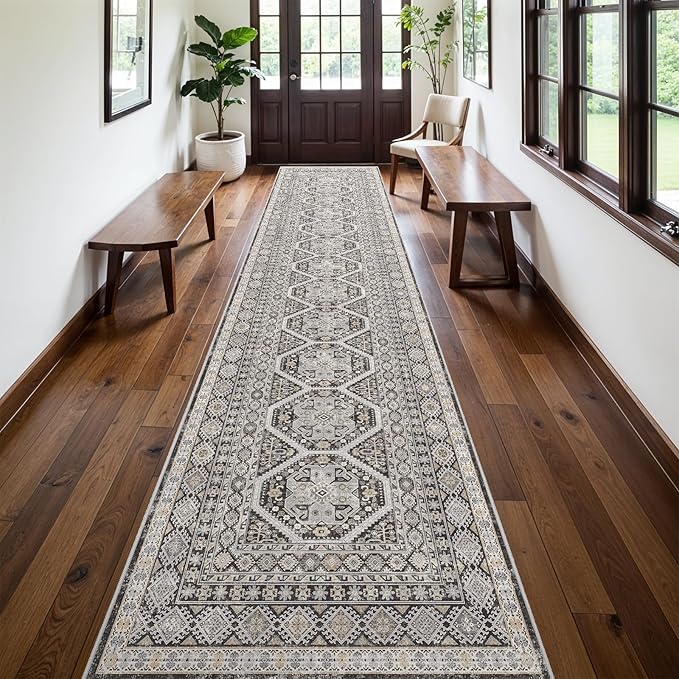 3x14 Runner Rug Kitchen Washable: Oriental Indoor Hallway Runners with Non Slip Backing Floor Mat for Entryway Door Low Pile Thin Carpet for Bedroom Bathroom Living Room Bedside Black