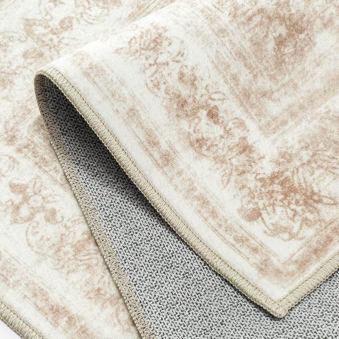Washable Rug 9x12 Area Rug for Living Room Beige Vintage Boho Medallion Large Distressed Retro Carpet Non Slip Indoor Low Pile Small Soft Bedroom Dining Room Home Office
