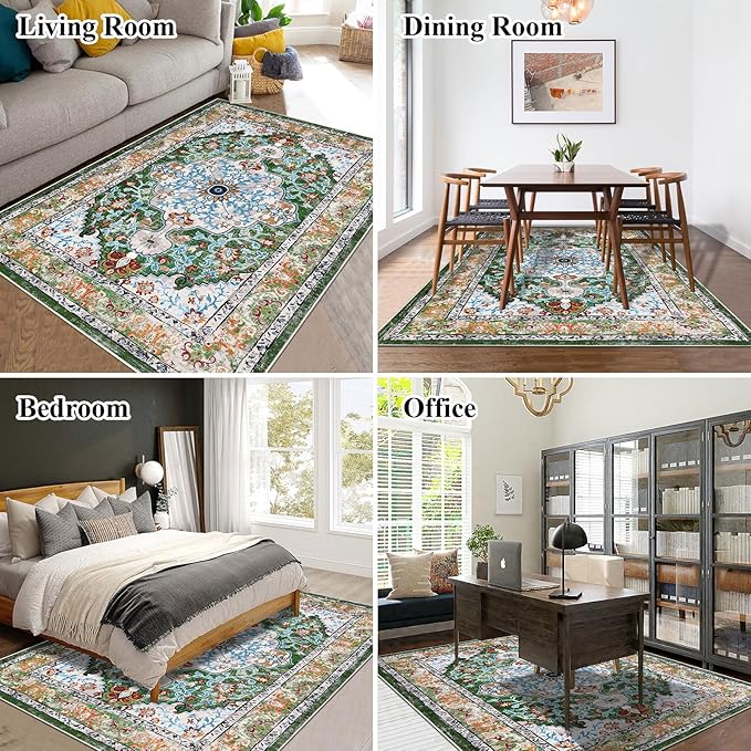 U'Artlines Boho Vintage Area Rug 4x6 Machine Washable Low Pile Soft Floor Carpet Non Slip Non Shedding Accent Rug for Living Room Bedroom Entryway Dining Room Office Green