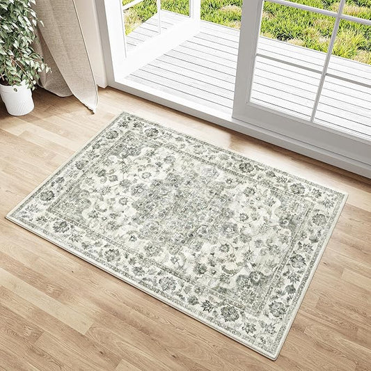 2x3 Washable Neutral Area Rug Green Entryway Kitchen Non-Slip Low Pile Floral Carpet Door Mat Vintage Soft Thin Small Throw Rug for Bathroom Bedroom Indoor Entrance