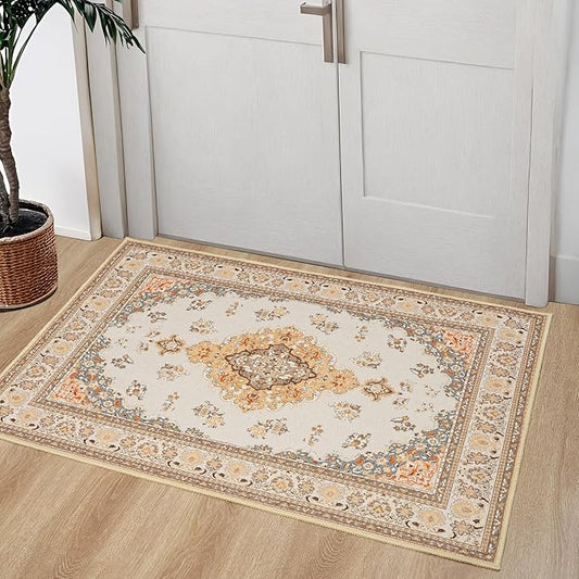 Tepook 2x3 Vintage Washable Rug - Non-Slip Low-Pile Door Mat for Entryway, Kitchen, Bedroom, Bathroom, Foyer - Indoor Throw Rug in Beige