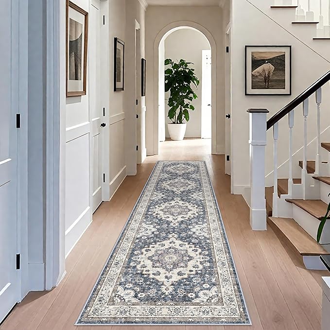 Washable 3x12 Hallway Runner Rug: Oriental Non-Slip Rugs for Entryway Living Room Floral Stain Resistant Long Kitchen Bathroom Carpets Accent Low Pile Floor Mat for Dining Room Bedroom (3x12,Blue)