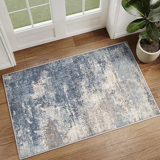 2x3 Entryway Rugs Dark Blue Machine Washable Area Rug Entrance Door Mat Indoor Accent Rug Abstract Non Slip Low Pile Carpet Distressed Throw Rug for Kitchen Bedroom Office