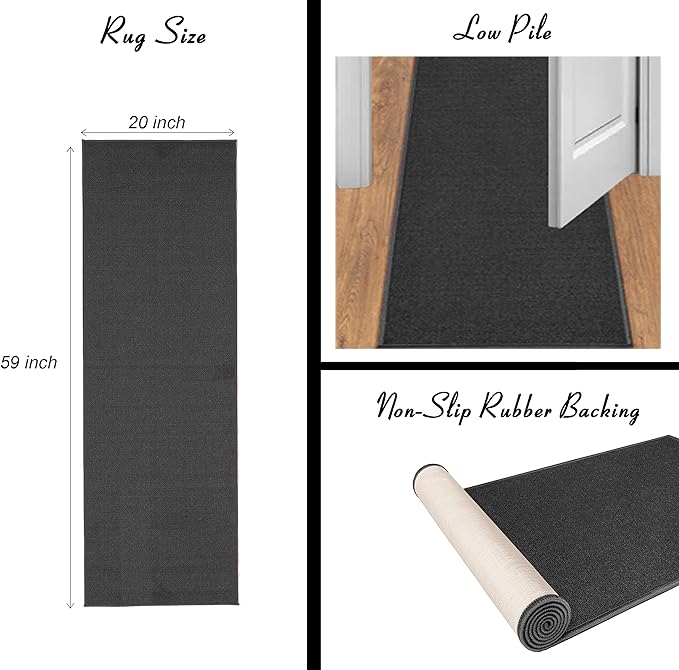 Machine Washable Checkered Border Laundry Room Rug Non-Slip Rubberback 2x5 Laundry Runner Rug for Laundry Room, Bathroom, Washroom, 20" x 59" Oval, Black