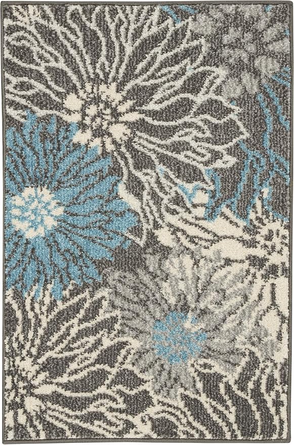 Nourison Passion Charcoal/Blue 1'10" x 2'10" Area Rug, Floral, Farmhouse, Easy Cleaning, Non Shedding, Bed Room, Living Room, Dining Room, Kitchen, (2' x 3')