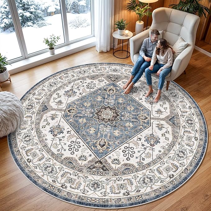 RUUGME Washable 9 Round Rug - Large Boho Rugs for Living Room Stain Resistant Carpet for Bedroom Kitchen Bathroom with Non Slip Backing Home Decor Floor Decoration Mat 9ft Navy