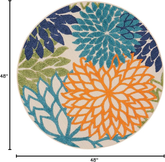 Nourison Aloha Indoor/Outdoor Multicolor 4' x Round Area Rug, Tropical, Botanical, Easy Cleaning, Non Shedding, Bed Room, Living Room, Dining Room, Deck, Backyard, Patio (4 Round)