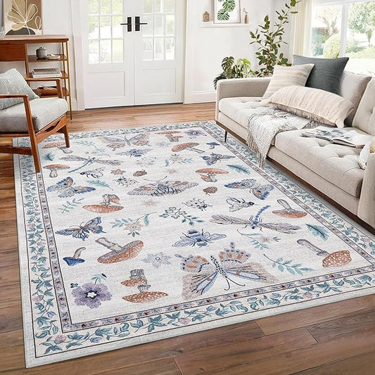 Washable Rug 5x7 Area Rugs for Living Room, Mushroom Insect Rug for Bedroom, 5x7 Rug Non Slip Throw Rugs with Rubber Back, Low Pile Stain Resistant Modern Carpet for Dining Room Dorm,Beige