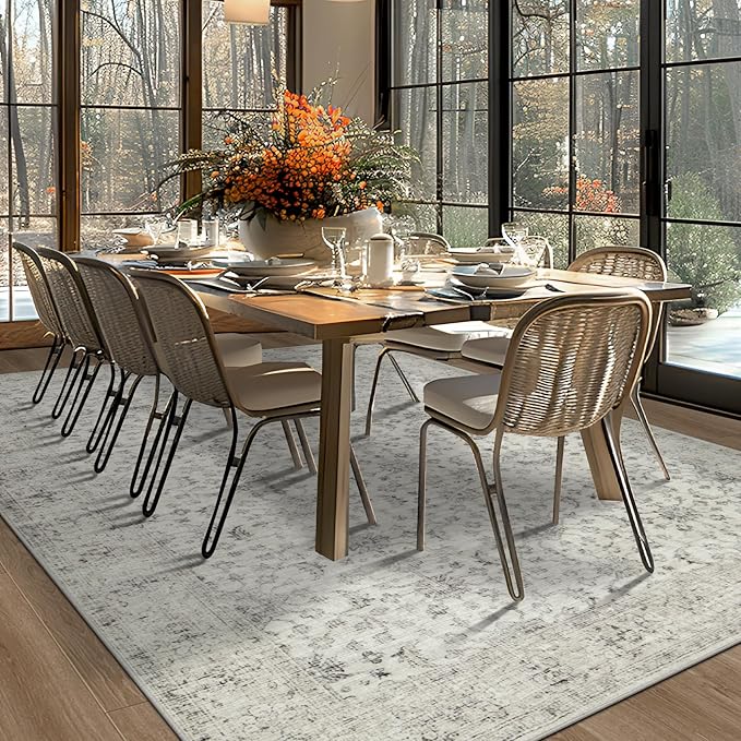 5x7 Area Rug Washable Rug, Soft Vintage Living Room Rug with Anti-Skid Backing Stain Resistant Thin Indoor Carpet Large Area Rug for Bedroom Under Dining Room Table Nursery Entryway-Light Gray