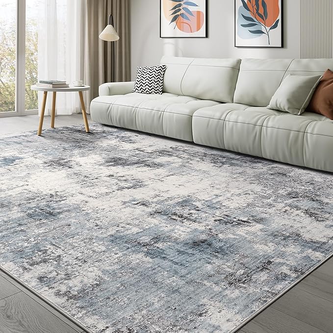 Washable Rug 9x12 Area Rugs for Living Room: Modern Abstract Neutral Soft Large Rug for Bedroom Dining Room Under Kitchen Table Home Office Decor - Grey Blue
