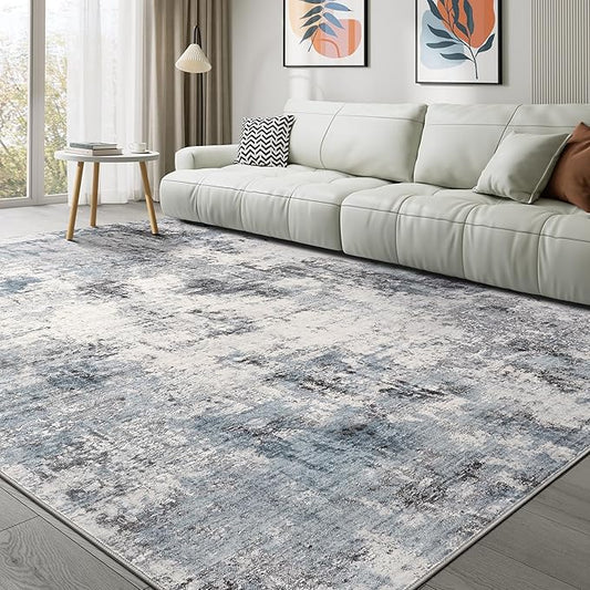 Washable Rug 9x12 Area Rugs for Living Room: Modern Abstract Neutral Soft Large Rug for Bedroom Dining Room Under Kitchen Table Home Office Decor - Grey Blue