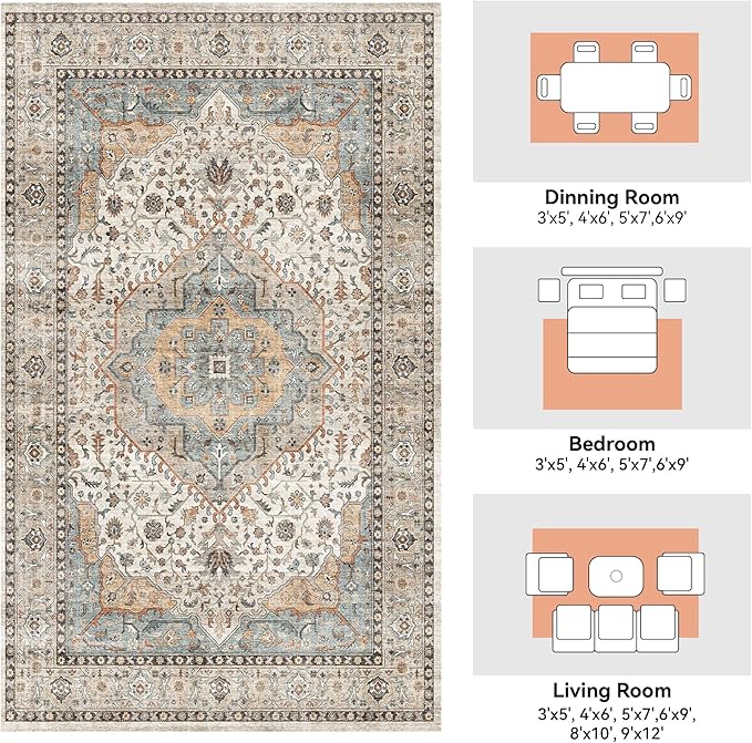 Beige Area Rug for Bedroom & Living Room - Washable, Non-Slip, Foldable, Low Pile, 5x7