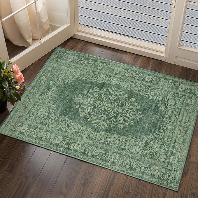 2x3 Area Rug Green Washable Entryway Door Mat Indoor Vintage Medallion Floral Carpet Kitchen Bathroom Distressed Entrance Retro Small Non Slip Accent Throw Bedroom Office Dining Living Room