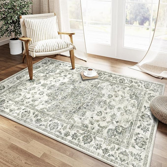 3x5 Washable Neutral Area Rug Green Entryway Kitchen Non-Slip Low Pile Floral Carpet Vintage Soft Thin Throw Rug for Entrance Bathroom Indoor Door Mat Dorm Dining Room