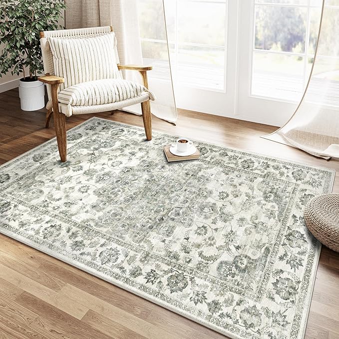 3x5 Washable Neutral Area Rug Green Entryway Kitchen Non-Slip Low Pile Floral Carpet Vintage Soft Thin Throw Rug for Entrance Bathroom Indoor Door Mat Dorm Dining Room