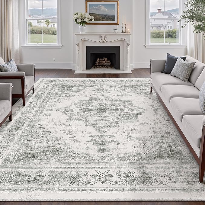 Washable Rug 9x12 Area Rug for Living Room Gray Vintage Boho Medallion Large Grey Distressed Retro Carpet Non Slip Indoor Low Pile Small Soft Bedroom Dining Room Home Office