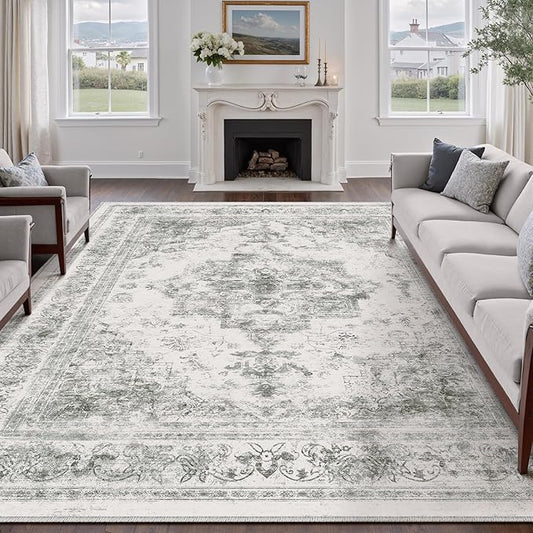 Washable Rug 9x12 Area Rug for Living Room Gray Vintage Boho Medallion Large Grey Distressed Retro Carpet Non Slip Indoor Low Pile Small Soft Bedroom Dining Room Home Office