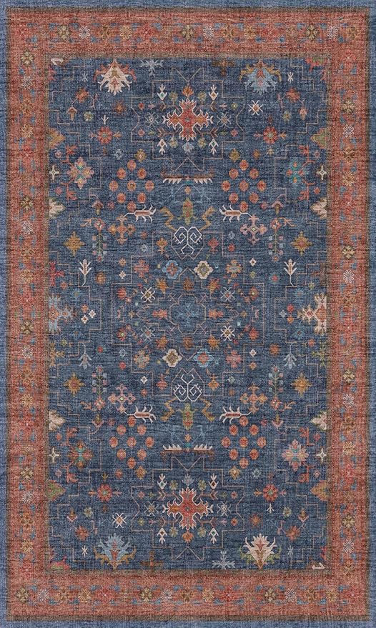 Washable Kitchen Rugs, 3x5 Area Rug for Large Entryway Indoor, Kitchen Mat, Small Rug for Living Room - Stain Resistant Non Skid Non Slip Rubber Backing, Boho Aethestic Décor (3x5 Navy Blue)