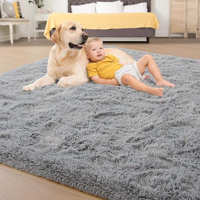 Tepook Super Soft Fluffy Rug for Bedroom, Modern Shaggy Rug Fuzzy Kids Rug for Living Room, Plush Indoor Nursery Home Decor Rug with Non-Slip Bottom, Grey, 5 X 8 Feet