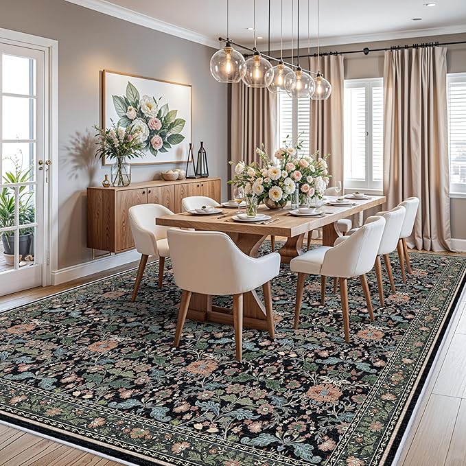 10x12 Area Rug Living Room: Soft Vintage Oriental Floral Farmhouse Style - Washable Low Pile Stain Resistant Thin Indoor Carpet with Non Slip Backing (10x12 Black/Green/Multi)