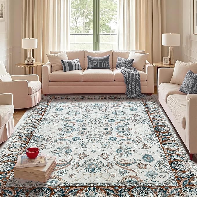Area Rugs for Living Room, 4x6 Washable Rugs for Bedroom, Non-Slip Floral Carpet for Entryway Office Kitchen Dining Room, Brown and White