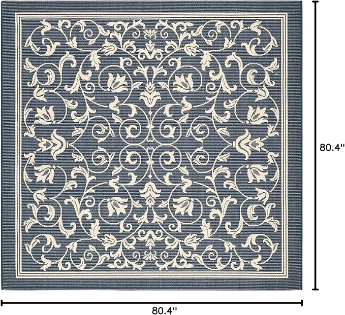 SAFAVIEH Courtyard Collection 6'7" Square Navy/Beige CY2098 Scroll Indoor/ Outdoor Waterproof Easy-Cleaning Patio Backyard Mudroom Area-Rug