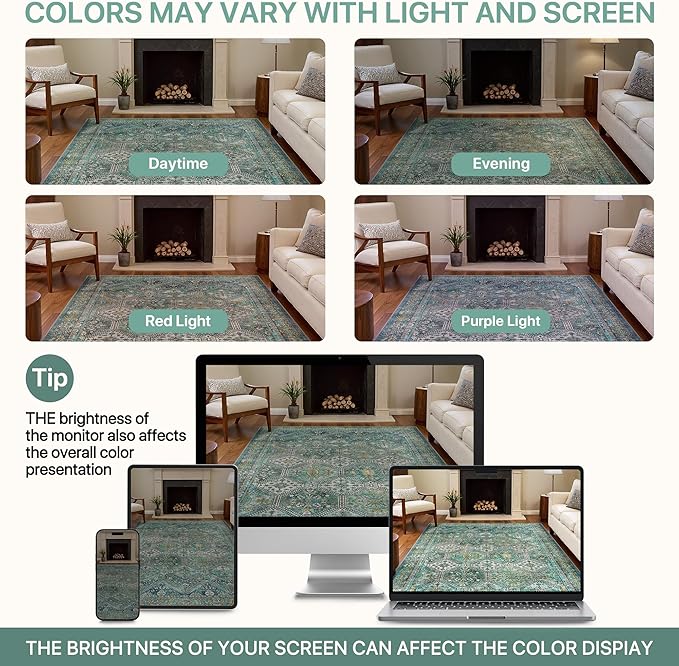 Bavni 6x9 Area Rugs for Living Room, Machine Washable Rug Non Slip, Vintage Chenille Distressed Print Carpet, Large Low Pile Ultra-Thin Lightweight Rugs for Bedroom, Dining Room, Home, Office, Cyan