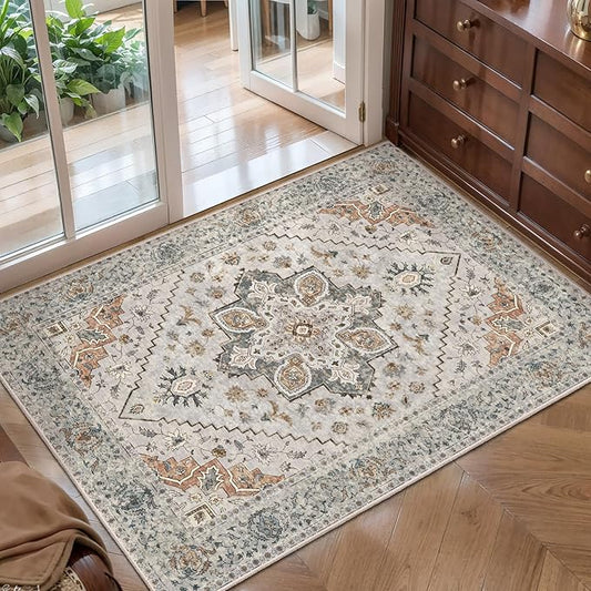 Vintage Rug 2x3 Washable Rug for Entryway, Non Slip Small Area Rug, Indoor Front Door, Print Distressed Taupe Door Mat Carpet, Soft Low Pile Rugs for Entrance Kitchen Bedroom Bathroom