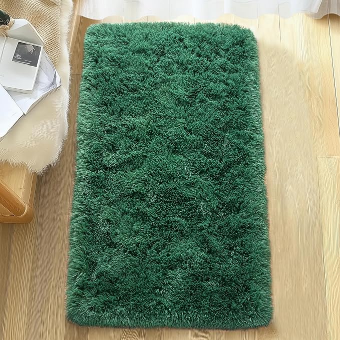 Small Runner Rugs for Bedroom Hallways, 2x4 Runners for Hallways Fluffy Shag Throw Area Rug Non Slip for Bedside Dorm, Shag Rugs for Girls Boys Bedroom, Floor Carpet Runner for Kids Dorm, Dark Green