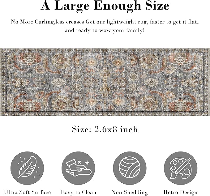 Washable Area Rugs - Perfect for Living Room, Bedroom, Kids Room, Nursery - Stain & Water Resistant Non-Slip, Pet & Child Friendly, Vintage Tribal Area Rugs (Turmeric and Grey, 2'6'' x 8')