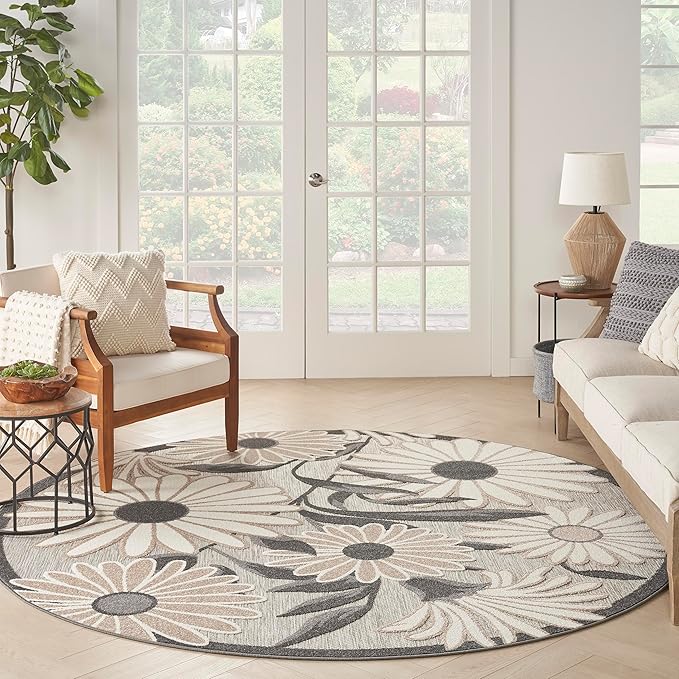 Nourison Aloha Outdoor Beige 5'3" x Round Area Rug, Easy Cleaning, Non Shedding, Bed Room, Living Room, Dining Room, Deck, Backyard, Patio (5 Round)
