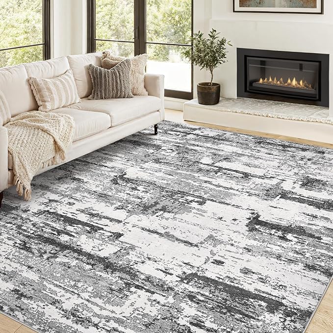 Area Rugs for Living Room: 10x12 Abstract Washable Rug Modern Neutral Large Soft Stain Resistant Non-Slip Backing Machine Table for Bedroom Dining Room Indoor Home Office Carpet - Black Grey