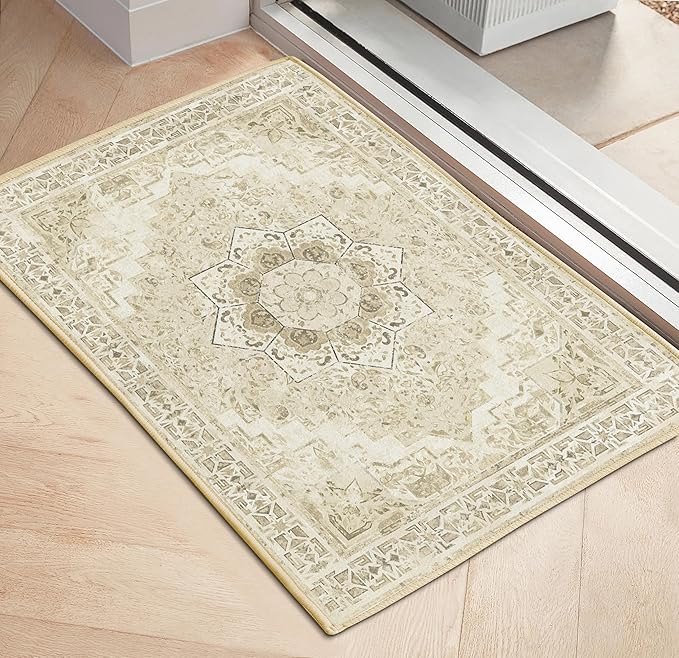 Washable Area Rug 2x3 Boho Entryway Rug Non Slip Small Vintage Rug for Entryway Door Mat Oriental Distressed Low-Pile Floor Carpet for Indoor Front Entrance Kitchen Bathroom Hallway, Beige
