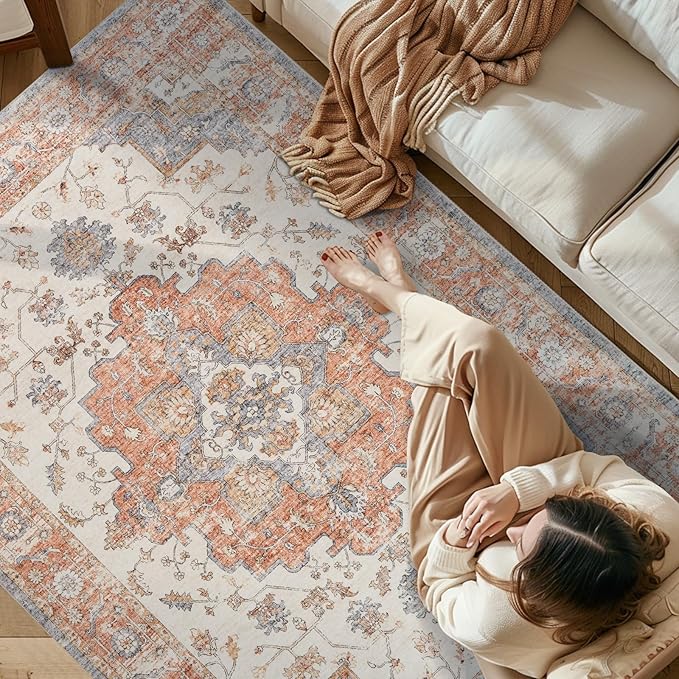 jinchan Runner Rug 3x8 Vintage Hallway Runner Boho Washable Rug Floral Medallion Retro Non Slip Classic Thin Soft Carpet for Kitchen Bedroom Bathroom Laundry Room Doorway Brick Red