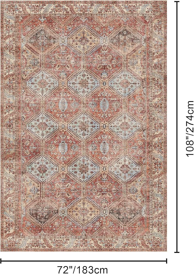 Bavni Clearance 6x9 Area Rugs for Living Room, Machine Washable Rug Non Slip, Vintage Chenille Distressed Print Carpet, Large Low Pile Ultra-Thin Lightweight Rugs for Bedroom, Dining Room, Spice Sky