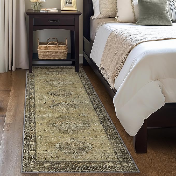 2x5 Runner Rug Non Slip, Machine Washable Rug Runners for Hallways, Vintage Distressed Print Kitchen Runner, Low Pile Lightweight Carpet Runner for Entryway, Laundry, Bedroom, Bathroom Sage Green