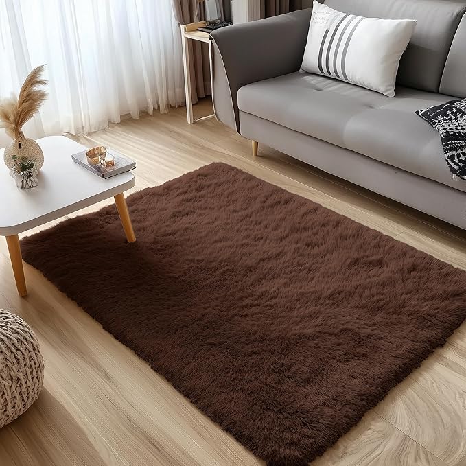 OLANLY 3x5 Machine Washable Small Bedside Rug, Soft Fluffy Shaggy Rugs for Living Room, Bedroom, Indoor Floor Carpet for Kids Girls and Boys, Preppy Dorms, Nursery, Home Decor Aesthetic, Coffee