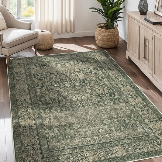 Vintage Washable Area Rug for Living Room,Low Pile 5x7 Non Slip Carpet Non-Shedding Area Rug Soft Indoor Stain Resistant Rug Floral Print Mat for Bedroom Dining Room Green