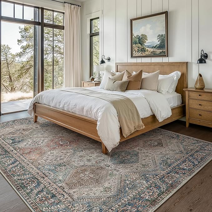 Bavni 3x5 Area Rugs for Living Room, Machine Washable Rug Non Slip, Vintage Chenille Distressed Print Carpet, Large Low Pile Ultra-Thin Lightweight Rugs for Bedroom, Dining Room, Home, Office, Red