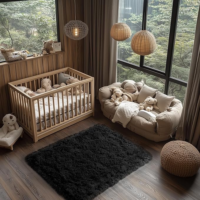 Zentavio Area Rugs for Living Room Small Carpet for Bedroom Black 3x5 Bedside Washable Soft Fluffy Shag Aesthetic Plush High Pile Throw Rug for Nursery Kids Room Dorm Room