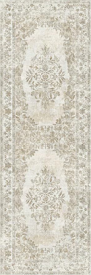 2x6 Runner Rug Beige Washable Hallway Kitchen Bedroom Vintage Distressed Bathroom Non Slip Medallion Floral Carpet Indoor Retro Throw Floor Mat for Office Dining Laundry Living Room