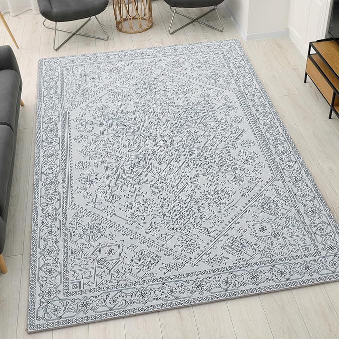 Washable Area Rug 5x7 Non-Slip Boho Rugs for Living Room Indoor Carpet for Bedroom Dining Room Front Porch Kitchen, Black and White