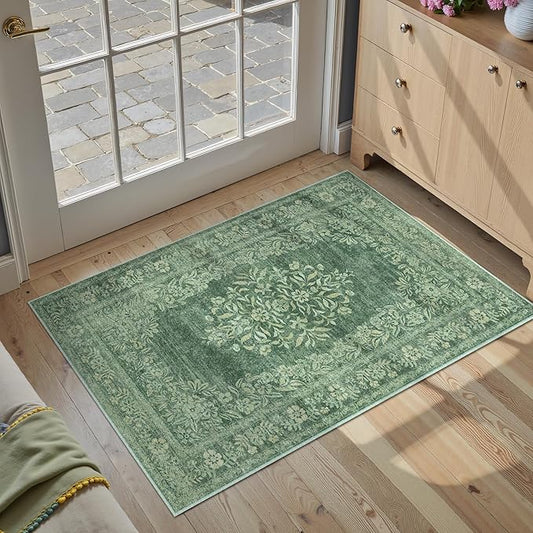 2x3 Area Rug Green Washable Entryway Door Mat Indoor Vintage Medallion Floral Carpet Kitchen Bathroom Distressed Entrance Retro Small Non Slip Accent Throw Bedroom Office Dining Living Room