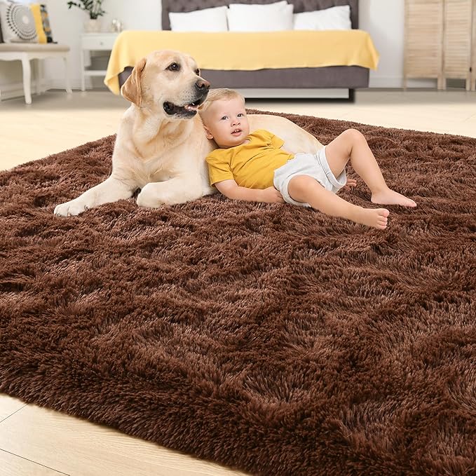 Tepook Super Soft Fluffy Rugs for Bedroom, Shag 5x8 Area Rugs for Living Room, Modern Shaggy Rug Fuzzy Carpets for Kids, Plush Indoor Nursery Home Decor Rug with Non-Slip Bottom, Brown
