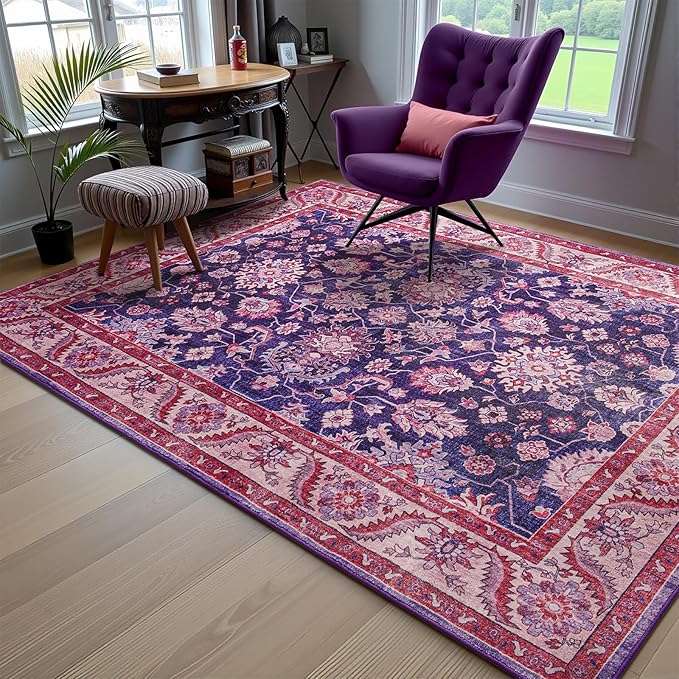 Area Rugs for Living Room, 4x6 Washable Rugs for Bedroom, Non-Slip Retro Floral Carpet for Entryway Office Kitchen Dining Room, Blue and Purple
