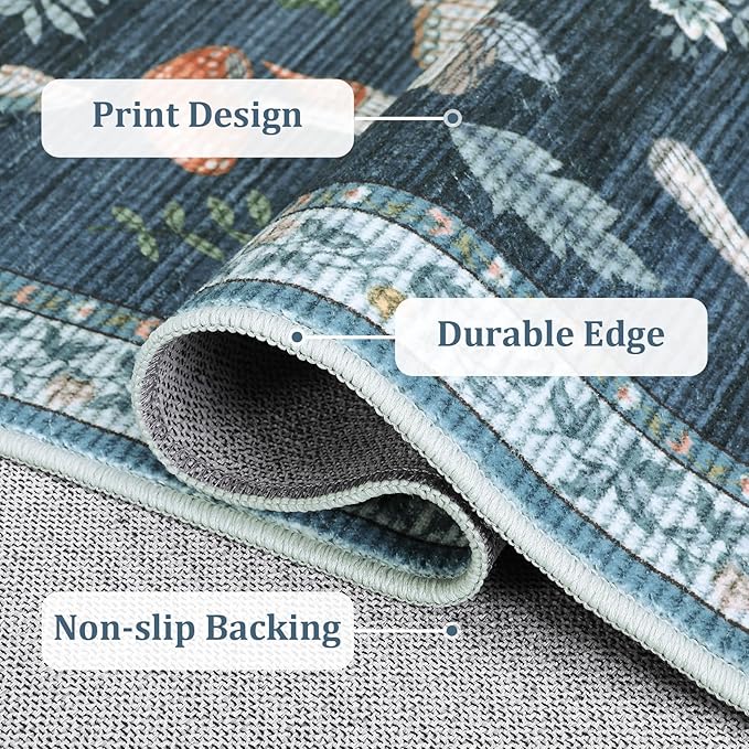 2.5x10 Runner Rug for Hallway Washable Kitchen Rugs Non Slip with Rubber Back Mushroom Soft Low-Pile Stain Resistant Foldable Indoor Carpet for Entryway Laundry Room Floor Mats Blue