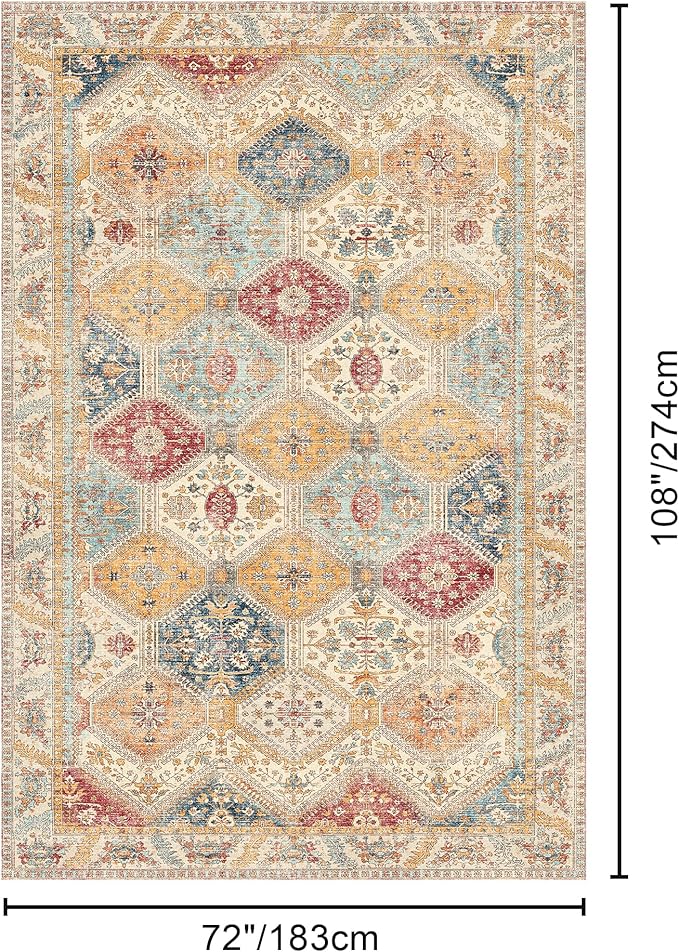 Bavni 6x9 Area Rugs for Living Room, Machine Washable Rug Non Slip, Vintage Chenille Distressed Print Carpet, Large Low Pile Ultra-Thin Lightweight Rugs for Bedroom, Dining Room, Home, Office, Orange