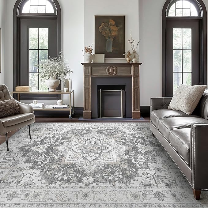 3X5 Area Rugs Machine Washable Rugs for Living Room, Vintage Boho Large Rugs for Bedroom Dining Room, Non Slip Indoor Soft Distressed Lightweight Thin Low Pile Carpet, Grey