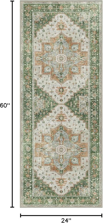 2X5 Area Rugs Machine Washable Runner Rugs for Living Room, Vintage Boho Rugs for Bedroom Dining Room, Non Slip Indoor Soft Distressed Lightweight Thin Low Pile Carpet, Green Brown Blue