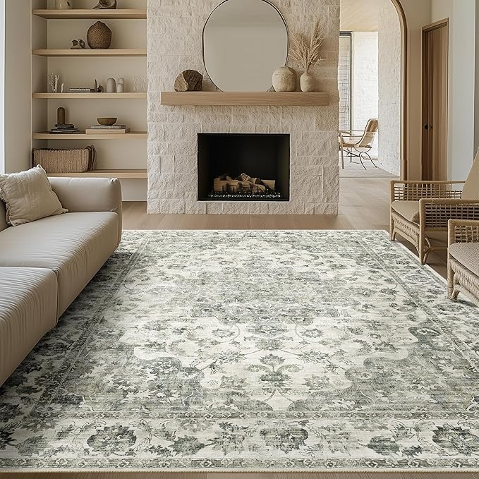 10x12 Neutral Area Rug Green Floral Living Room Bedroom Large Carpet Low Pile Vintage Non-Slip Soft Thin Washable Throw Rug for Dining Room Office Kitchen Indoor Nursery